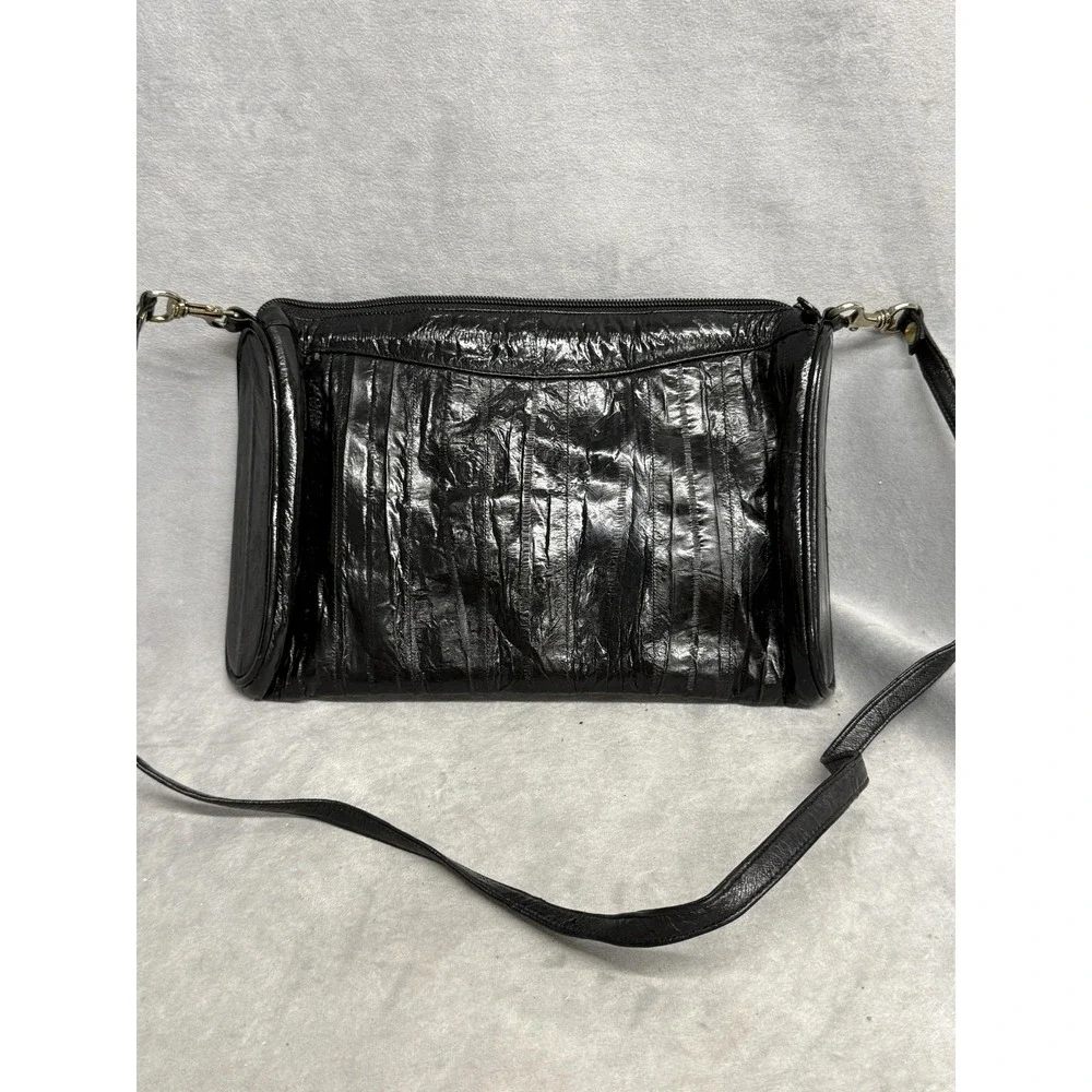 Sam Jin Eel‎ Skin Leather Crossbody Bag Purse Womens Black Convertible Clutch
